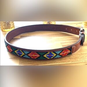 GAP Brown Genuine Leather Belt with Multicolor beaded Pattern